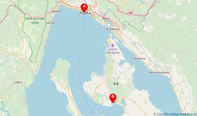 Map of ferry route between Rijeka and Krk